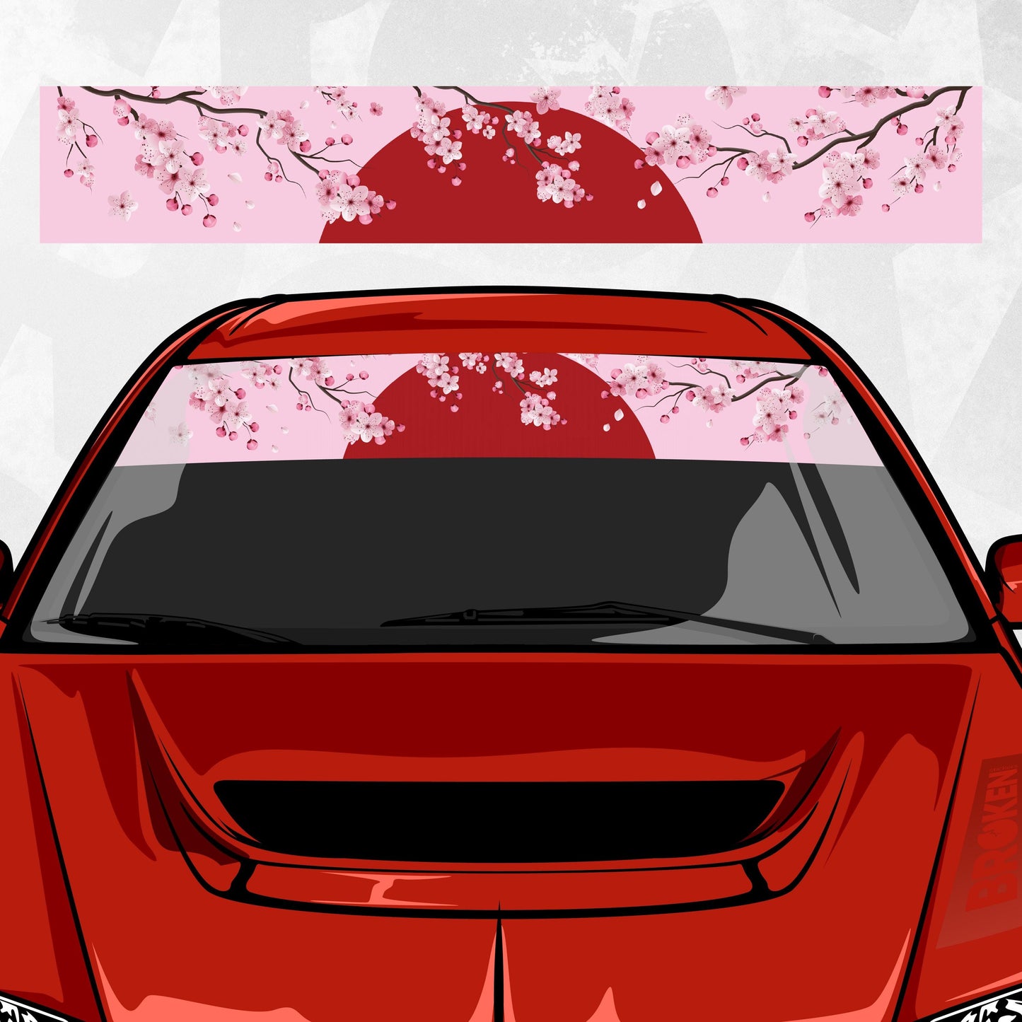 Sakura Red Sun Sun Strip Banner – Cherry Blossom Sun Strip | JDM Pink Visor Decal | Universal Trim-to-Fit Printed Vinyl, Laminated