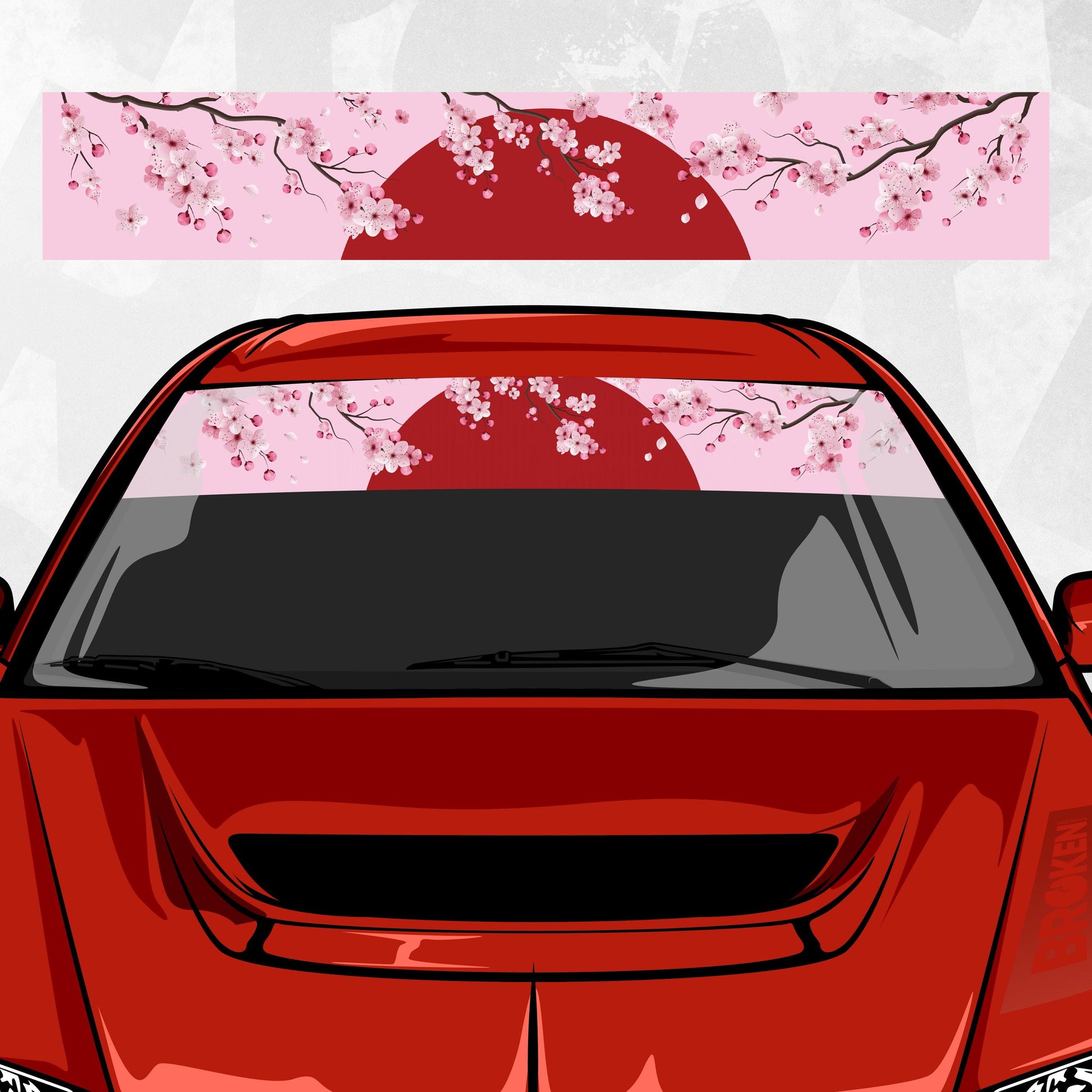 Sakura Red Sun Sun Strip Banner – Cherry Blossom Sun Strip | JDM Pink Visor Decal | Universal Trim-to-Fit Printed Vinyl, Laminated