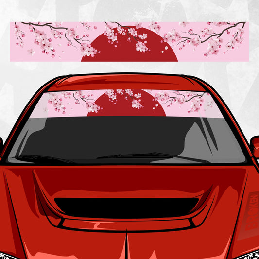 Sakura Red Sun Sun Strip Banner – Cherry Blossom Sun Strip | JDM Pink Visor Decal | Universal Trim-to-Fit Printed Vinyl, Laminated
