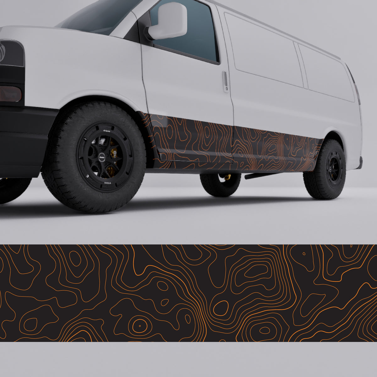 orange topographic vinyl wrap applied to the side of a white van, showcasing bold contour lines on a black background.