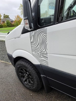 Mercedes Sprinter Topographic Door Wrap Decal showcased on a Mercedes-Benz van side door.