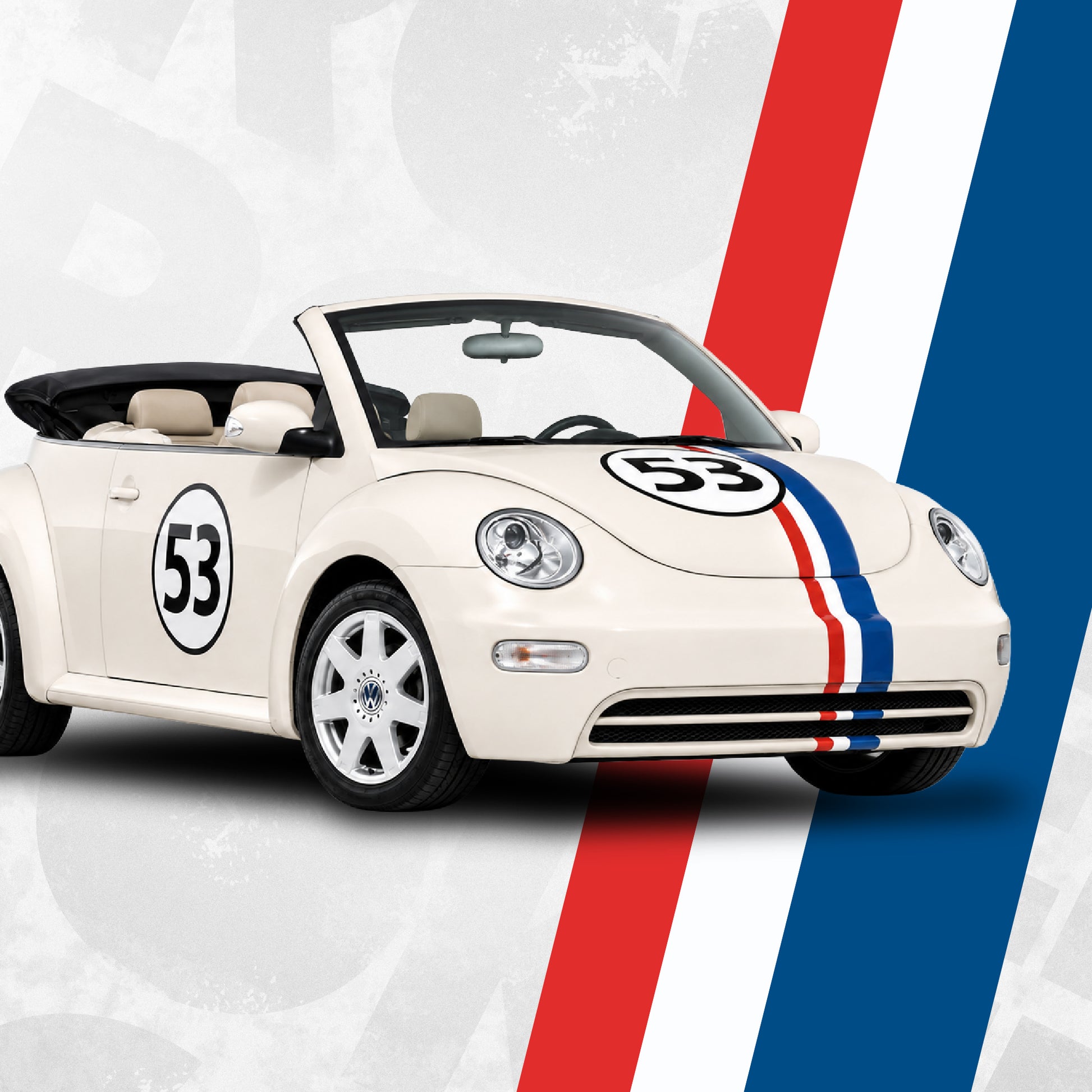 VW Beetle Retro Racing Stripe Kit installed on cream cabriolet with number 53 roundel and tricolour stripes