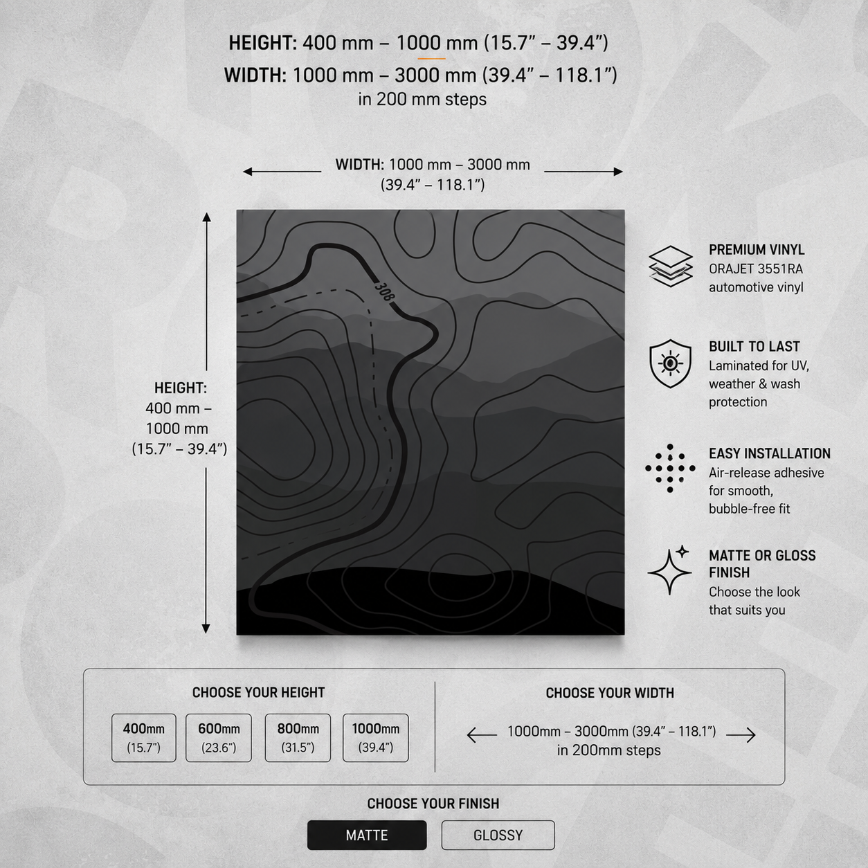 Universal Topographic Partial Wrap installation guide showing size options and features for custom vinyl sheets.