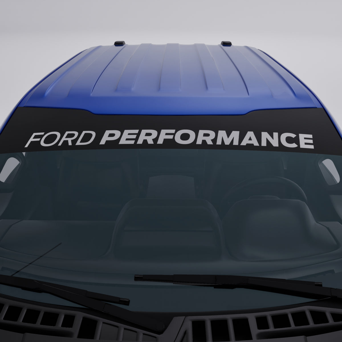 Ford Performance Windshield Banner Decal on a blue truck windshield showcasing bold wordmark.