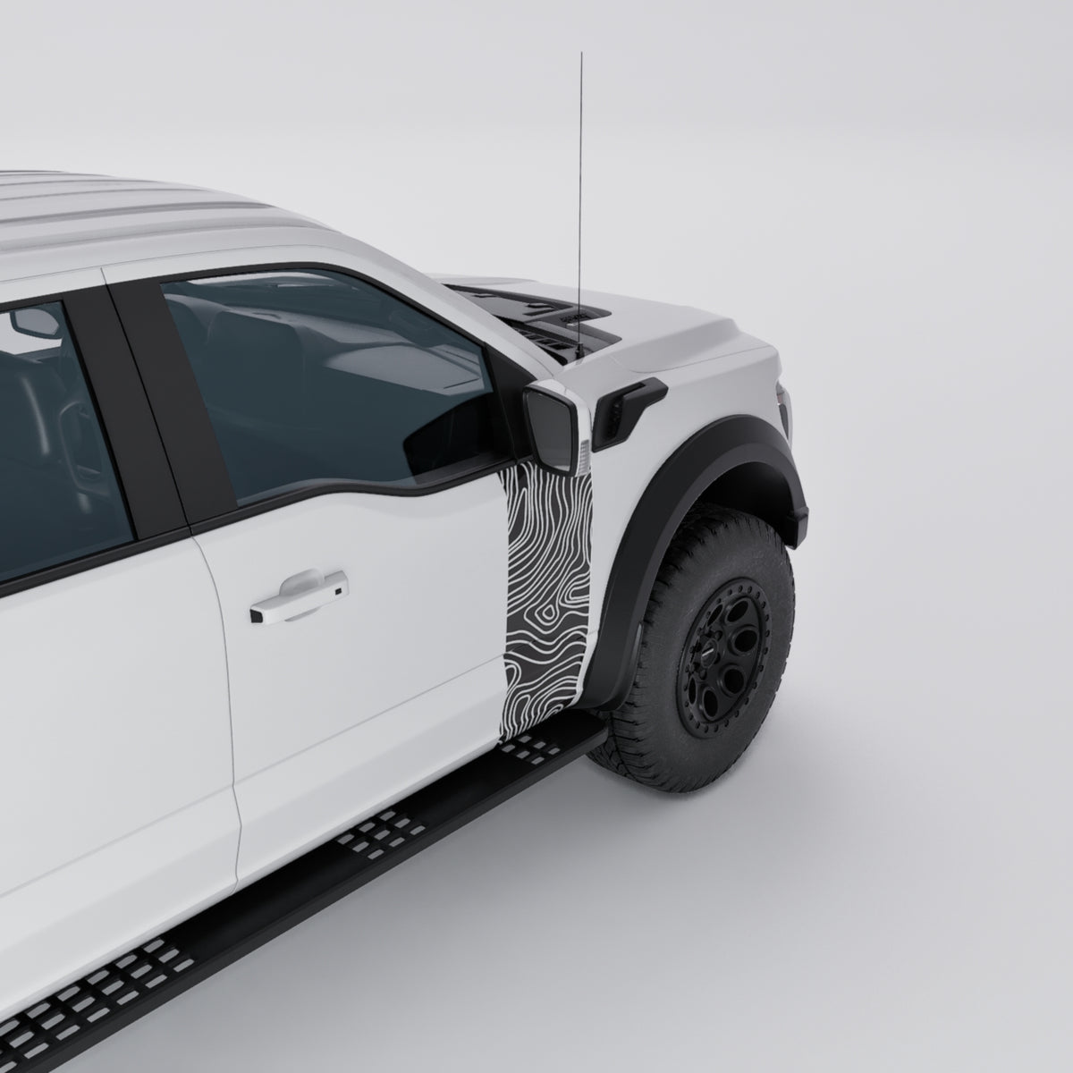 Ford F-150 Raptor Topographic Side Decal applied on truck door panel, showcasing intricate contour design.