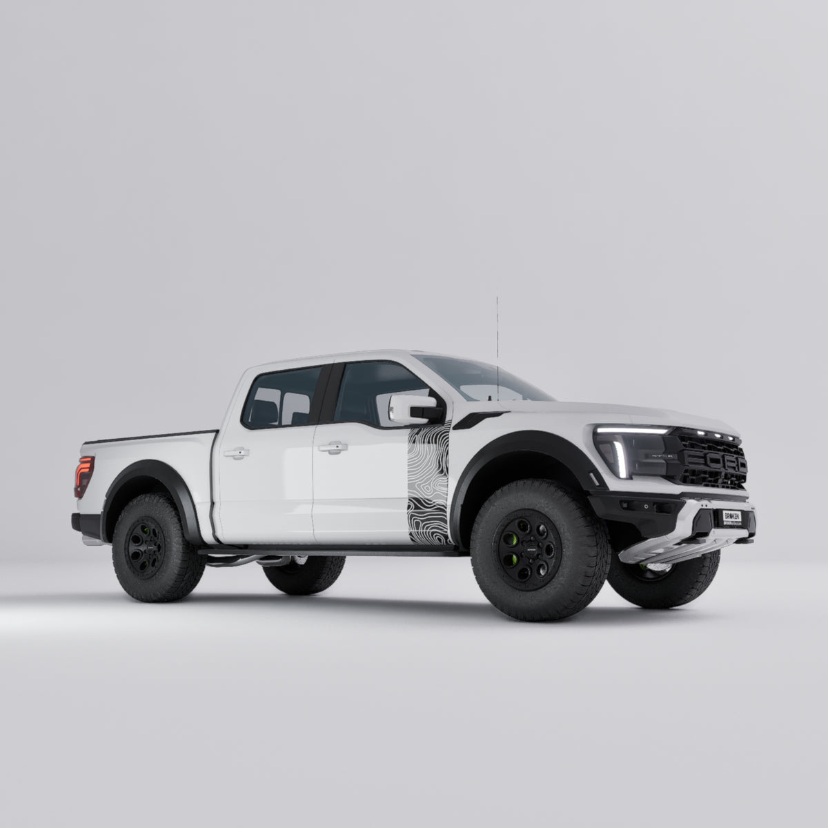 Ford F-150 Raptor Topographic Side Decal on a white truck, designed for quarter panel and doors.