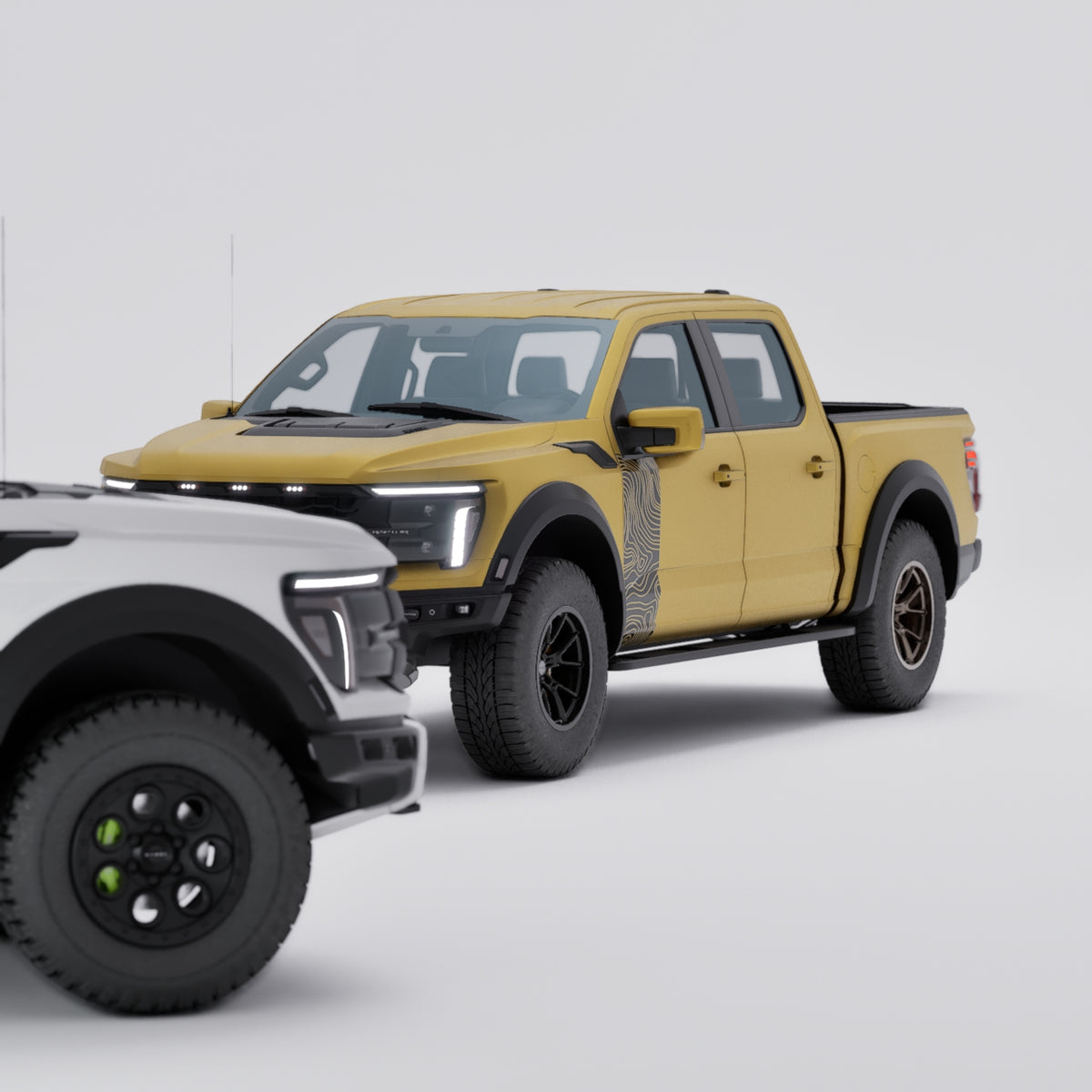 Image of Ford F-150 Raptor Topographic Side Decal on a yellow truck and a white truck.