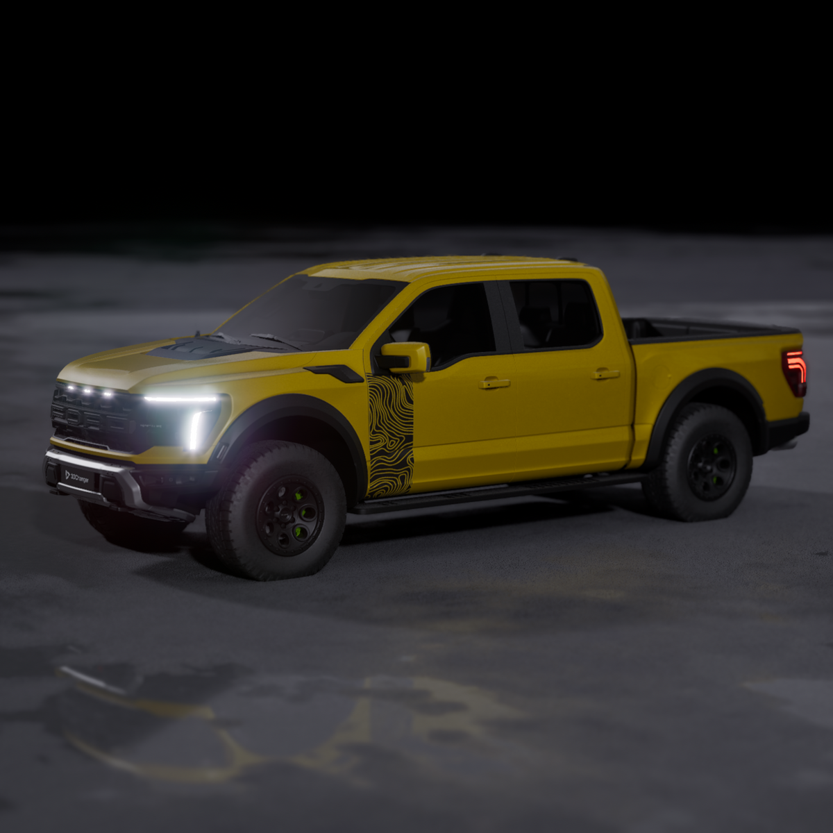 Ford F-150 Raptor Topographic Side Decal on a yellow truck showcasing a unique contour design.