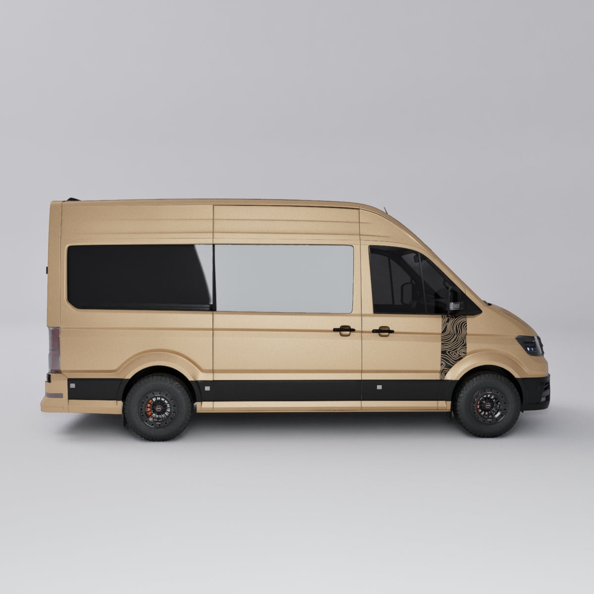 VW Crafter Topo Lines Door Decal on a side view of a van, showcasing its cut-out design and subtle body accent.