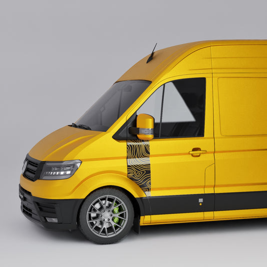 VW Crafter Topo Lines Door Decal showcased on a yellow VW Crafter van, featuring stylish topographic design.