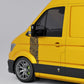 VW Crafter Topo Lines Door Decal on yellow van, showcasing topographic design for a stylish accent.