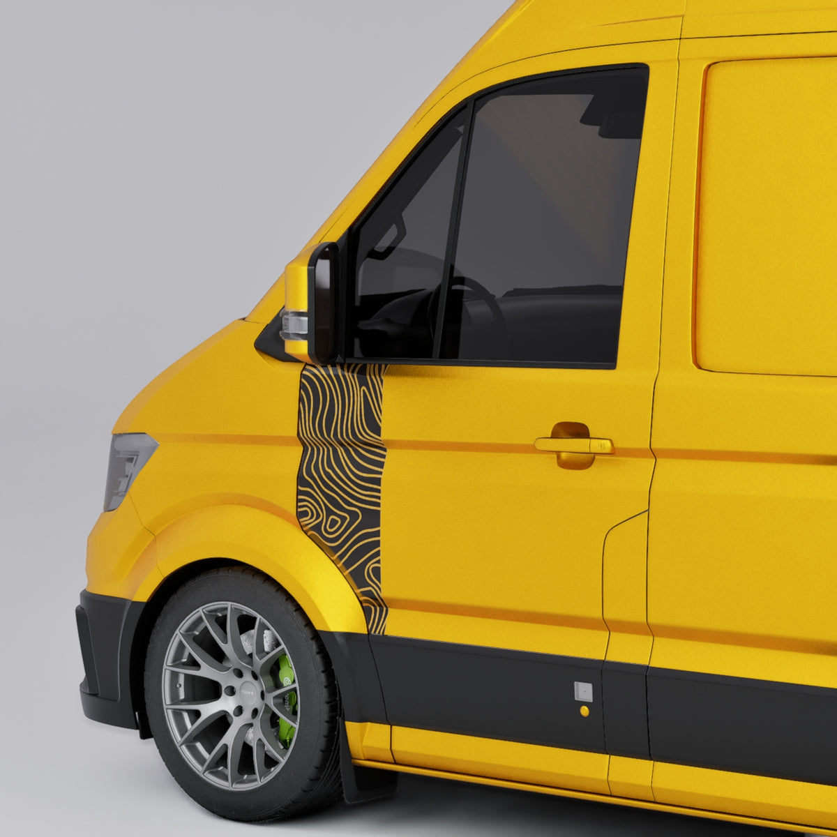 VW Crafter Topo Lines Door Decal on yellow van, showcasing topographic design for a stylish accent.