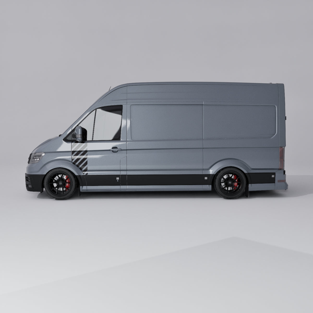 VW Crafter Racing Chevron Door Decal on a gray VW Crafter Mk2 van showcasing a motorsport design.