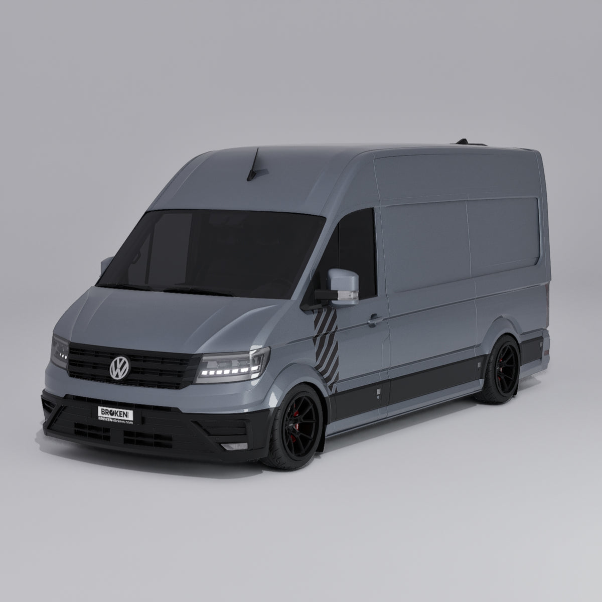 VW Crafter Racing Chevron Door Decal on a grey VW Crafter Mk2 van, showcasing a motorsport-inspired look.