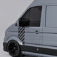 VW Crafter Racing Chevron Door Decal on a grey van, featuring diagonal racing stripes for a motorsport look.