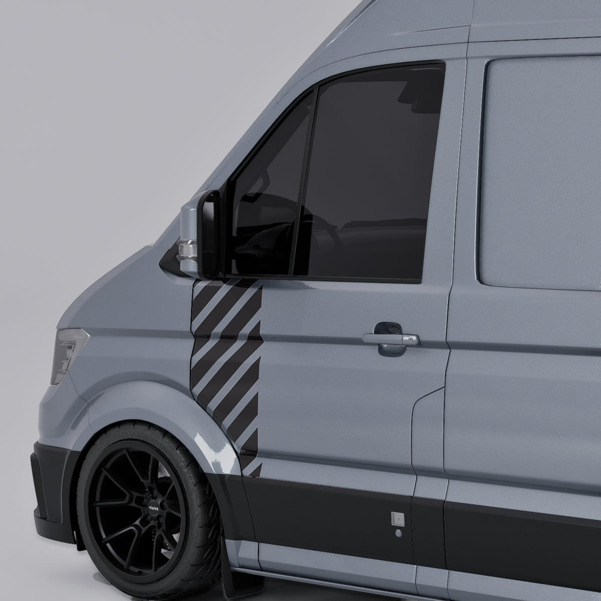 VW Crafter Racing Chevron Door Decal on a grey van, featuring diagonal racing stripes for a motorsport look.