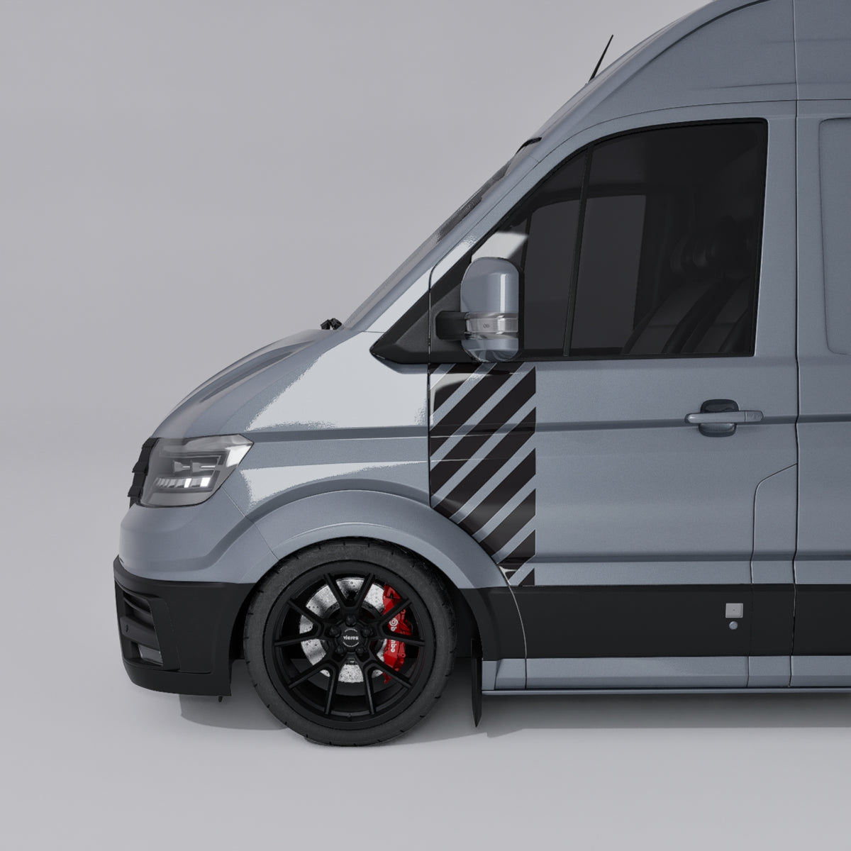 VW Crafter Racing Chevron Door Decal on side of van showcasing sporty design and racing stripes