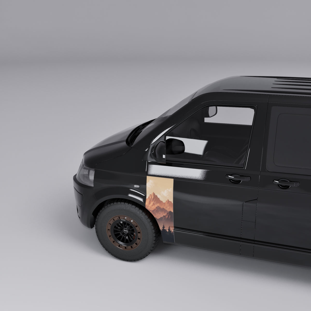 VW Transporter T5 T6 Sunset Mountain Forest Door Decal on a black van, showcasing sunset mountains and forest design.