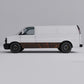 Orange topographic vinyl wrap on a white van, featuring bold copper-orange contour lines.