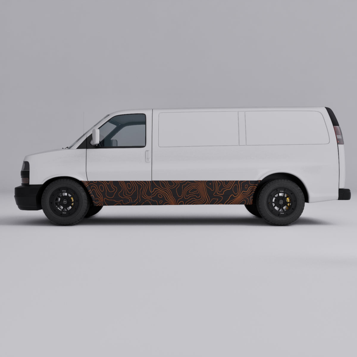 Orange topographic vinyl wrap on a white van, featuring bold copper-orange contour lines.