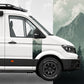 Misty Forest Door Decal VW Crafter on a van, featuring pine silhouettes and mountain peaks for a tranquil effect.