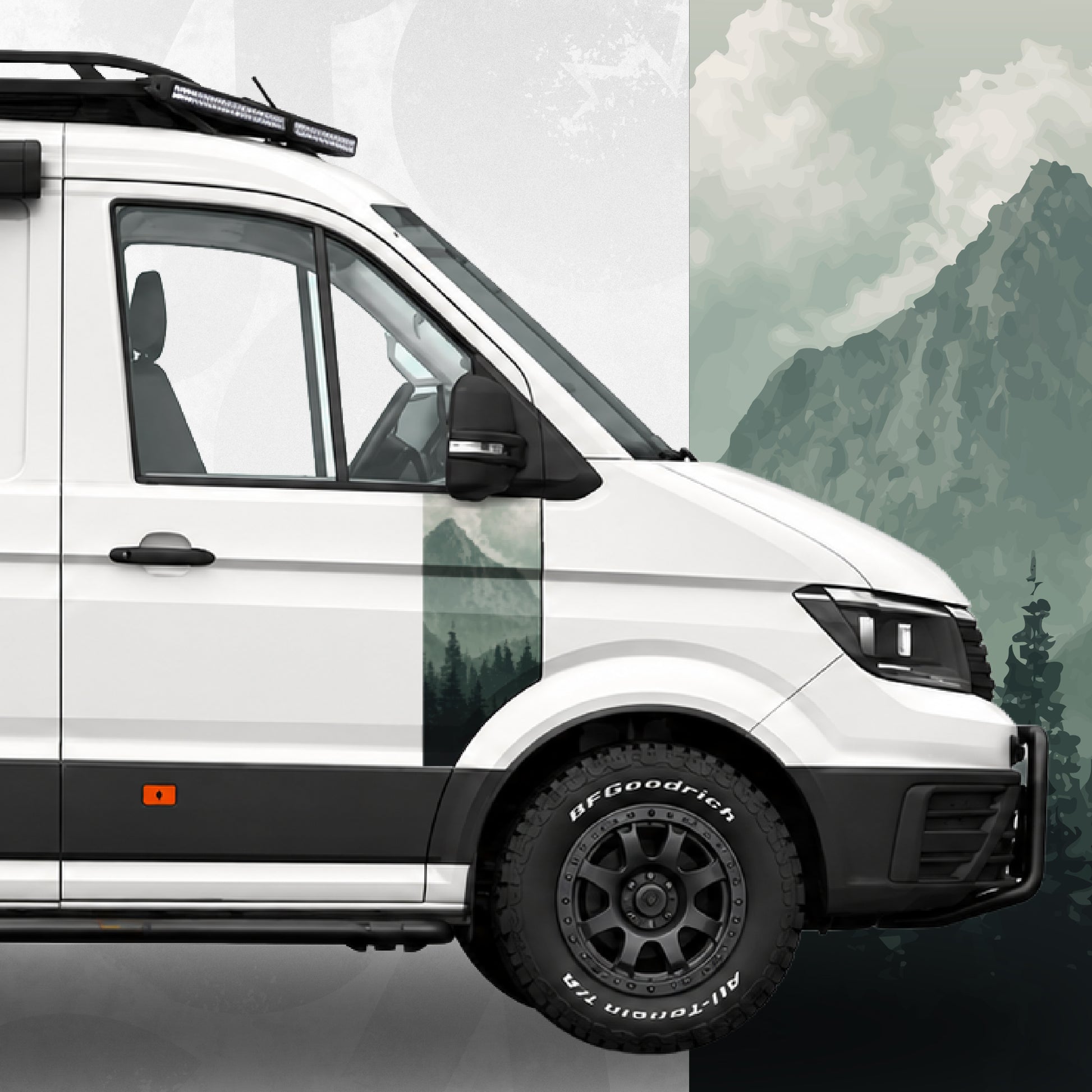 Misty Forest Door Decal VW Crafter on a van, featuring pine silhouettes and mountain peaks for a tranquil effect.