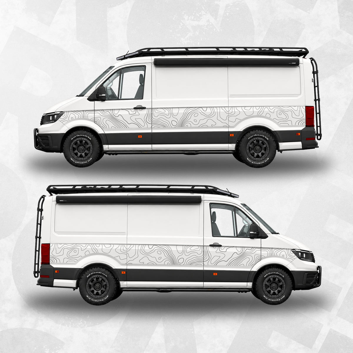 VW Crafter Topographic Side Decal Kit showcased on a van, highlighting contour map design and sleek appearance.