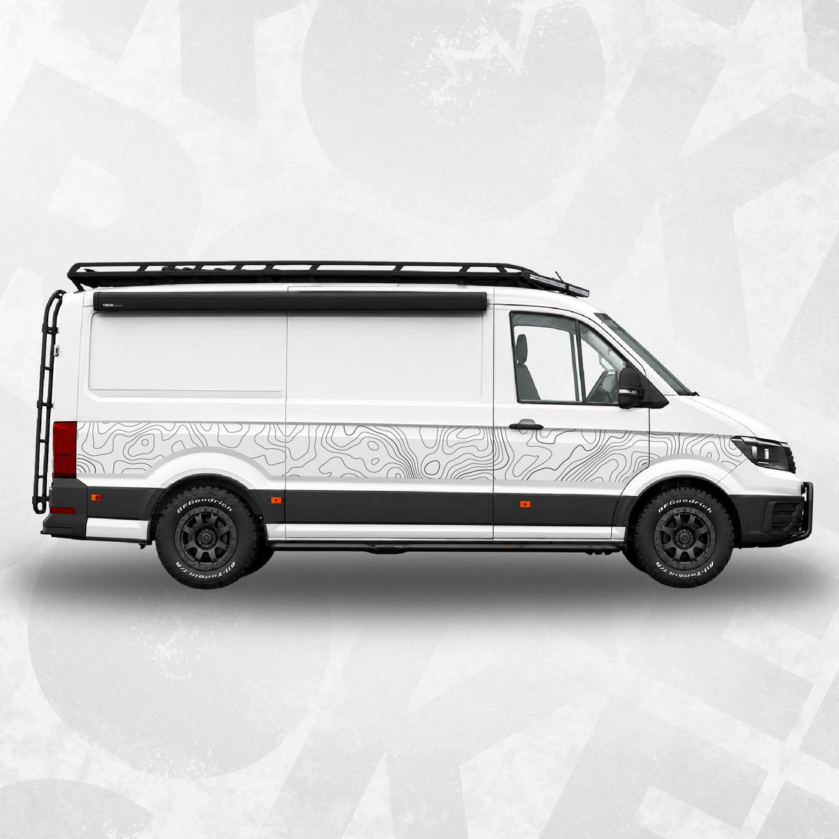 VW Crafter Topographic Side Decal Kit on a white van showing contour map design.