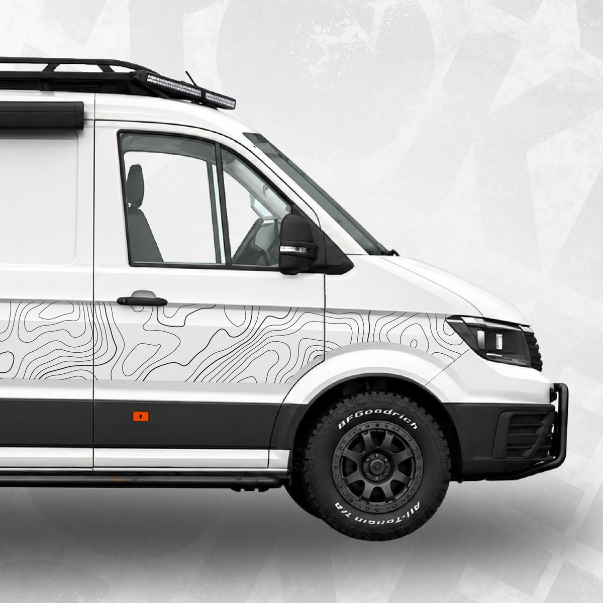VW Crafter Topographic Side Decal Kit featured on a white van side view with contour design.