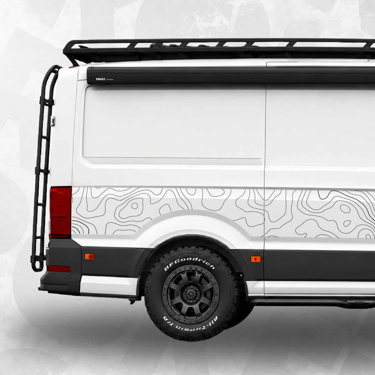 VW Crafter Topographic Side Decal Kit on a van, featuring fine contour map lines and a clean outdoor look.