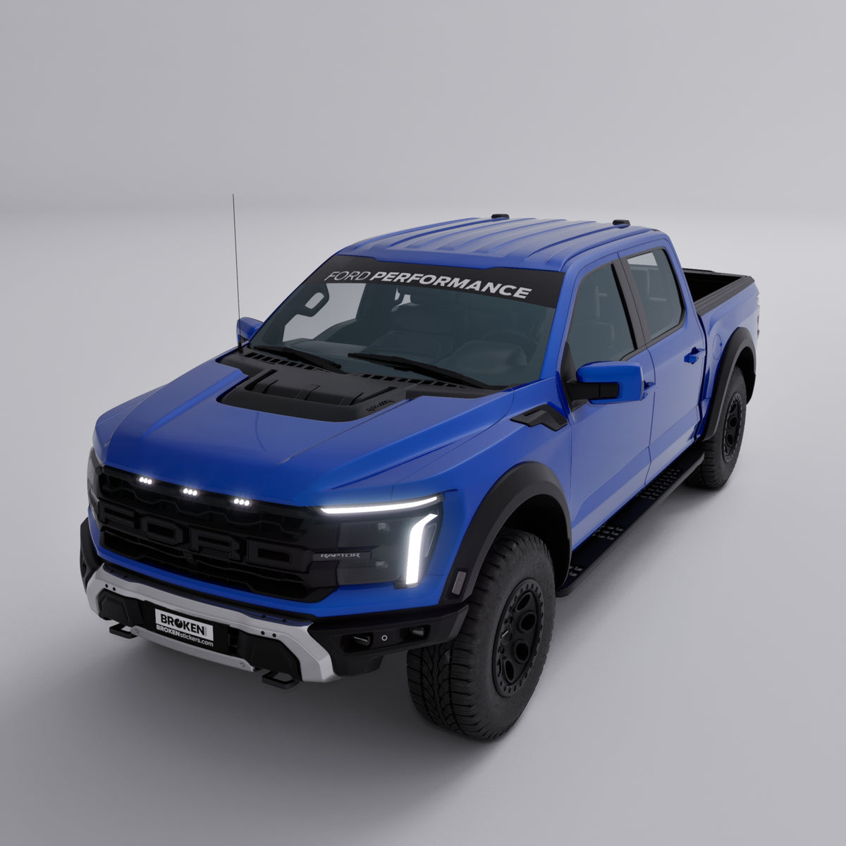 Ford Performance Windshield Banner Decal on a blue Ford Raptor truck windshield.