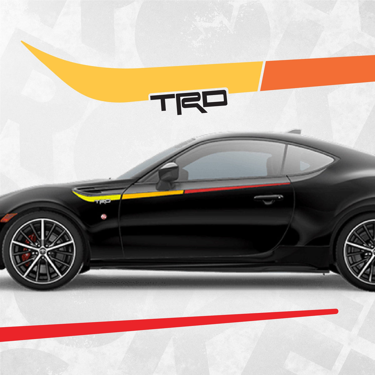 Toyota GT86 TRD Style Side Stripe Decal on black sports coupe with vintage racing colors.