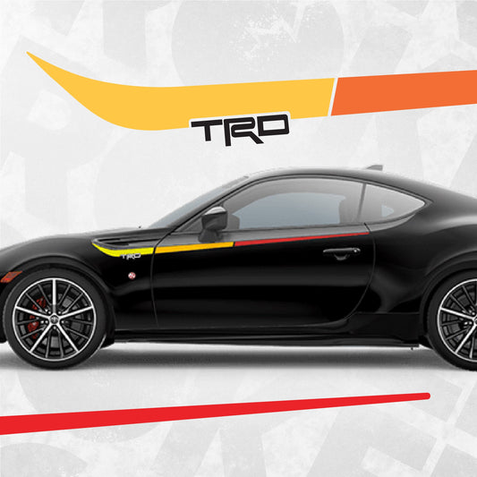 Toyota GT86 TRD Style Side Stripe Decal on black sports coupe with vintage racing colors.