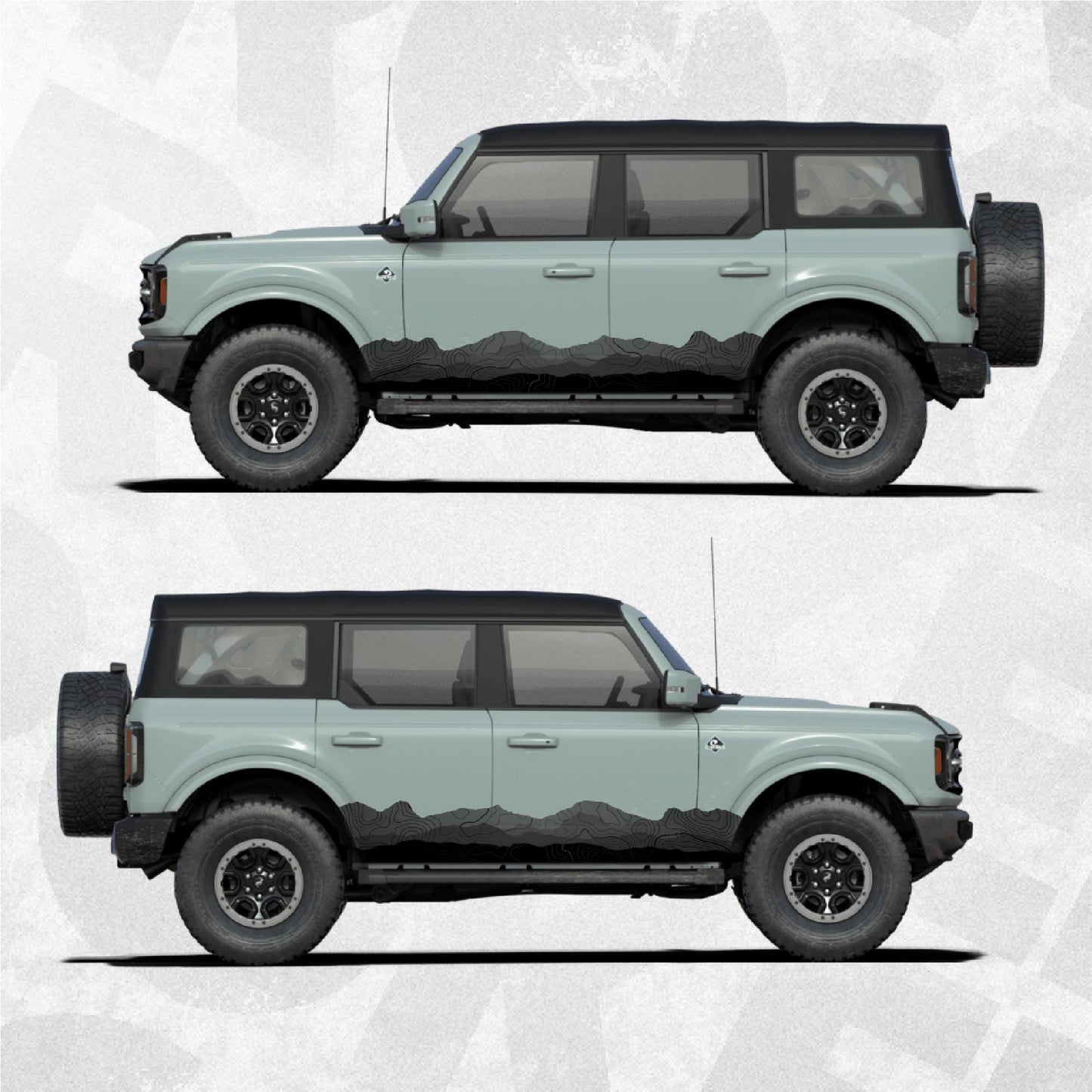 Ford Bronco Decals - Mountain Landscape Topographic Map Pattern in Black Scheme - Side Stripe Wrap Kit of 2