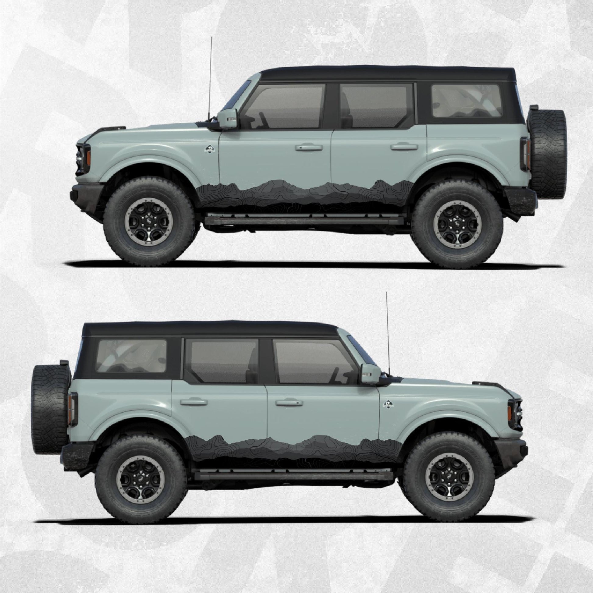 Ford Bronco Decals - Mountain Landscape Topographic Map Pattern in Black Scheme - Side Stripe Wrap Kit of 2