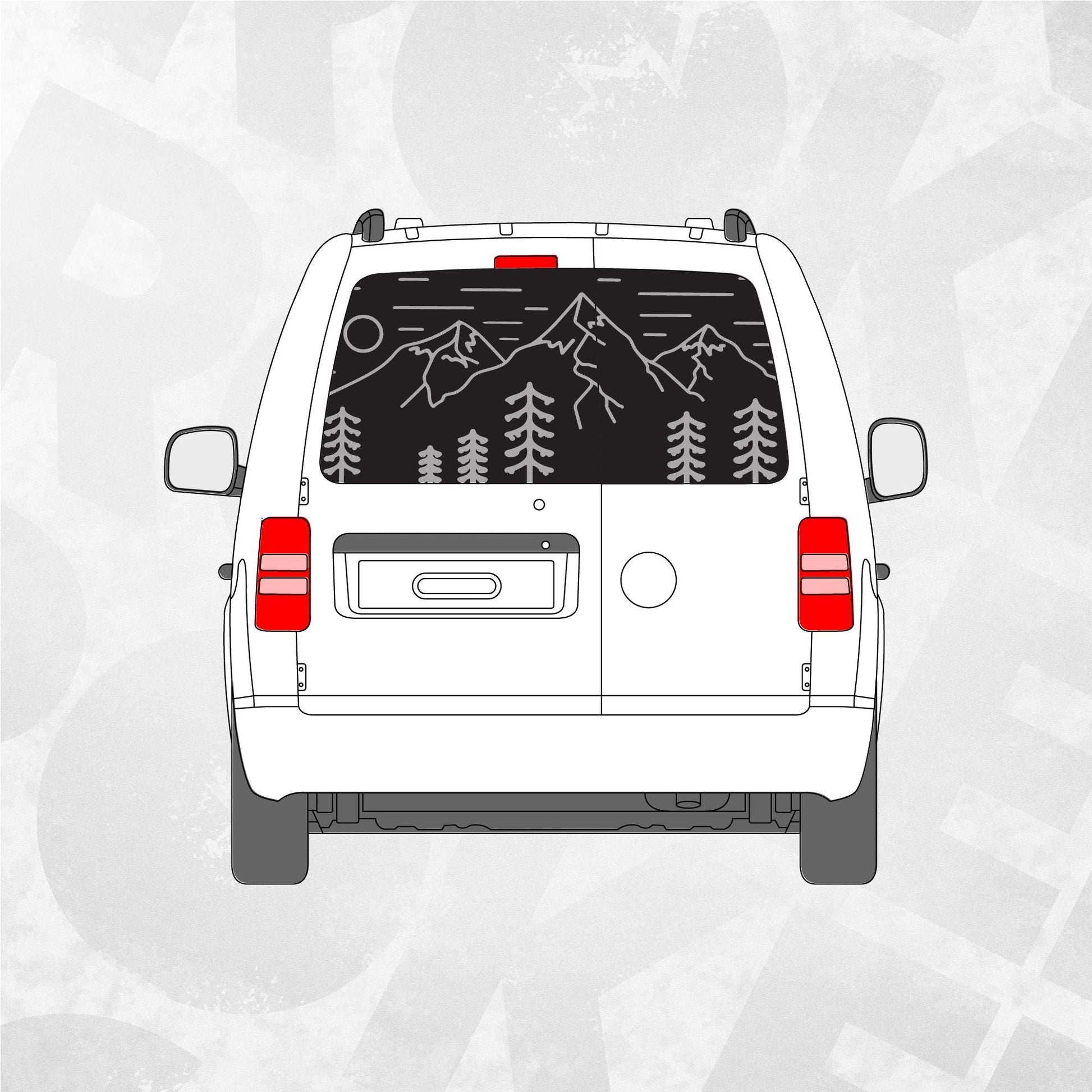 Volkswagen Caddy Rear Window Vinyl Tree Mountain Adventure Decal fits VW Caddy MK3 vans 2004 - 2010