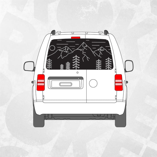 Volkswagen Caddy Rear Window Vinyl Tree Mountain Adventure Decal fits VW Caddy MK3 vans 2004 - 2010