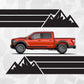 Ford F-150 Mountain Rocker Panel Decal displayed on a red truck with mountain graphics and stripes.
