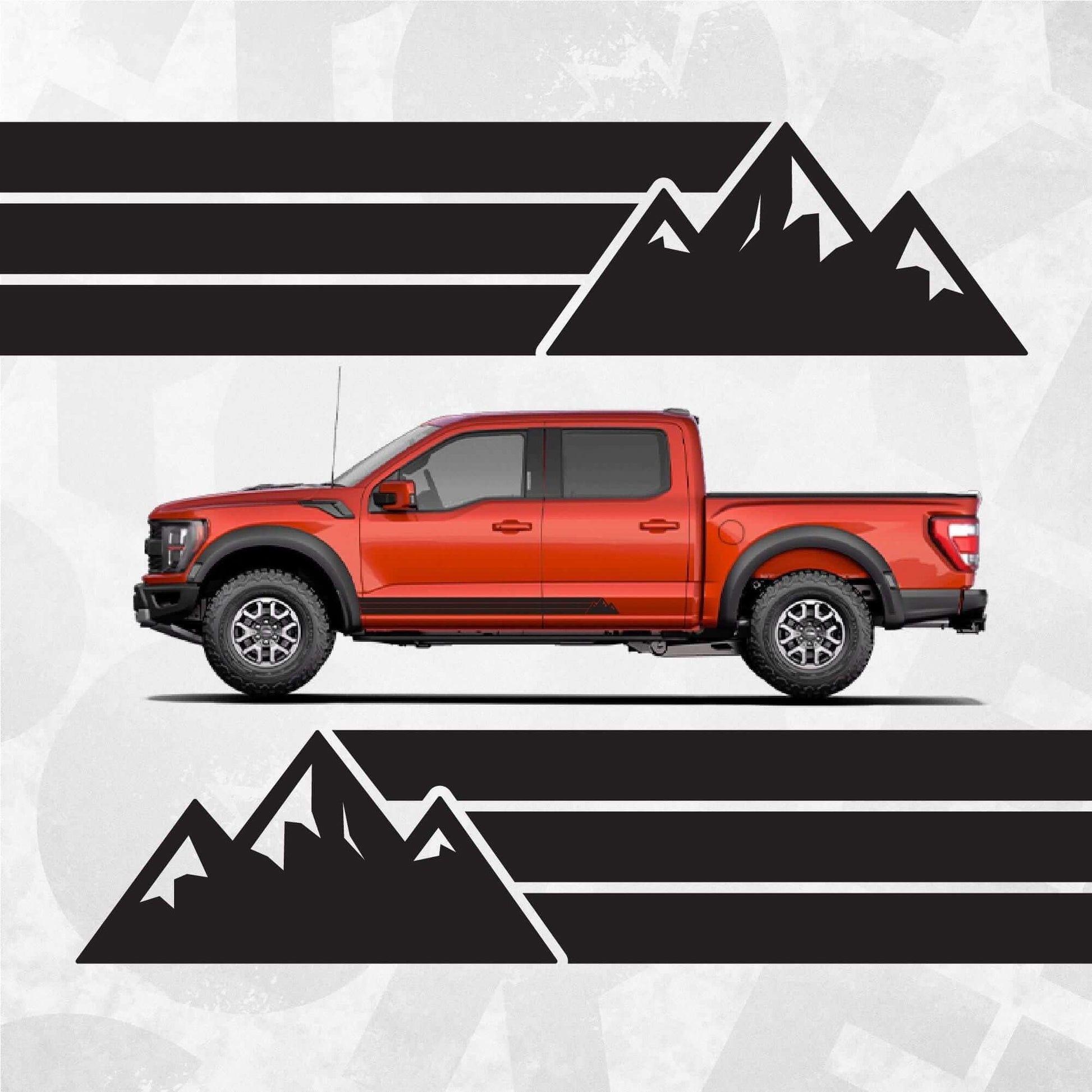 Ford F-150 Mountain Rocker Panel Decal displayed on a red truck with mountain graphics and stripes.