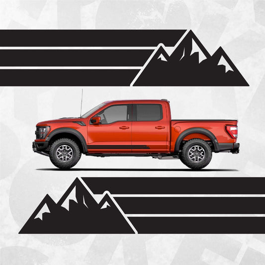 Ford F-150 Mountain Rocker Panel Decal displayed on a red truck with mountain graphics and stripes.