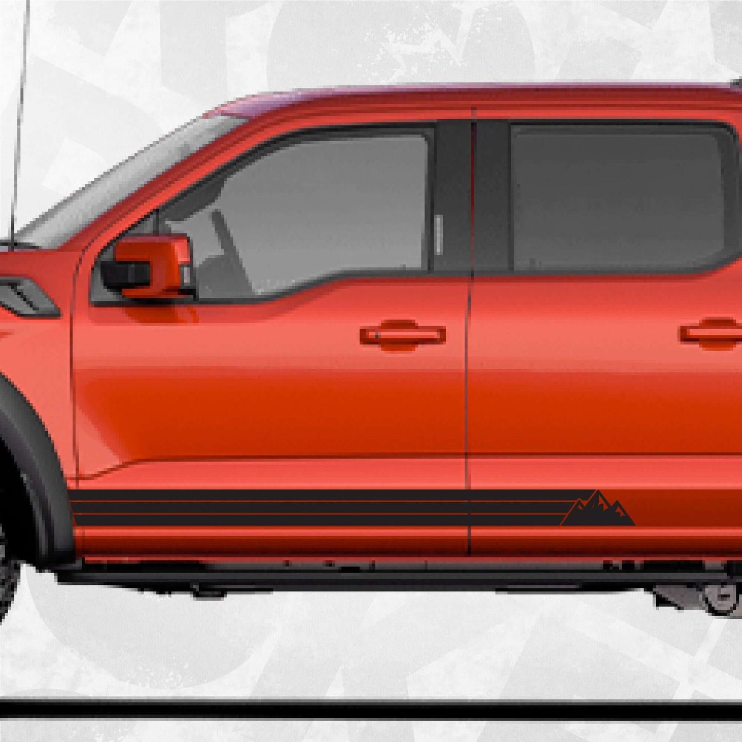 Ford F-150 Mountain Rocker Panel Decal on a red truck side view showcasing rugged mountain design.