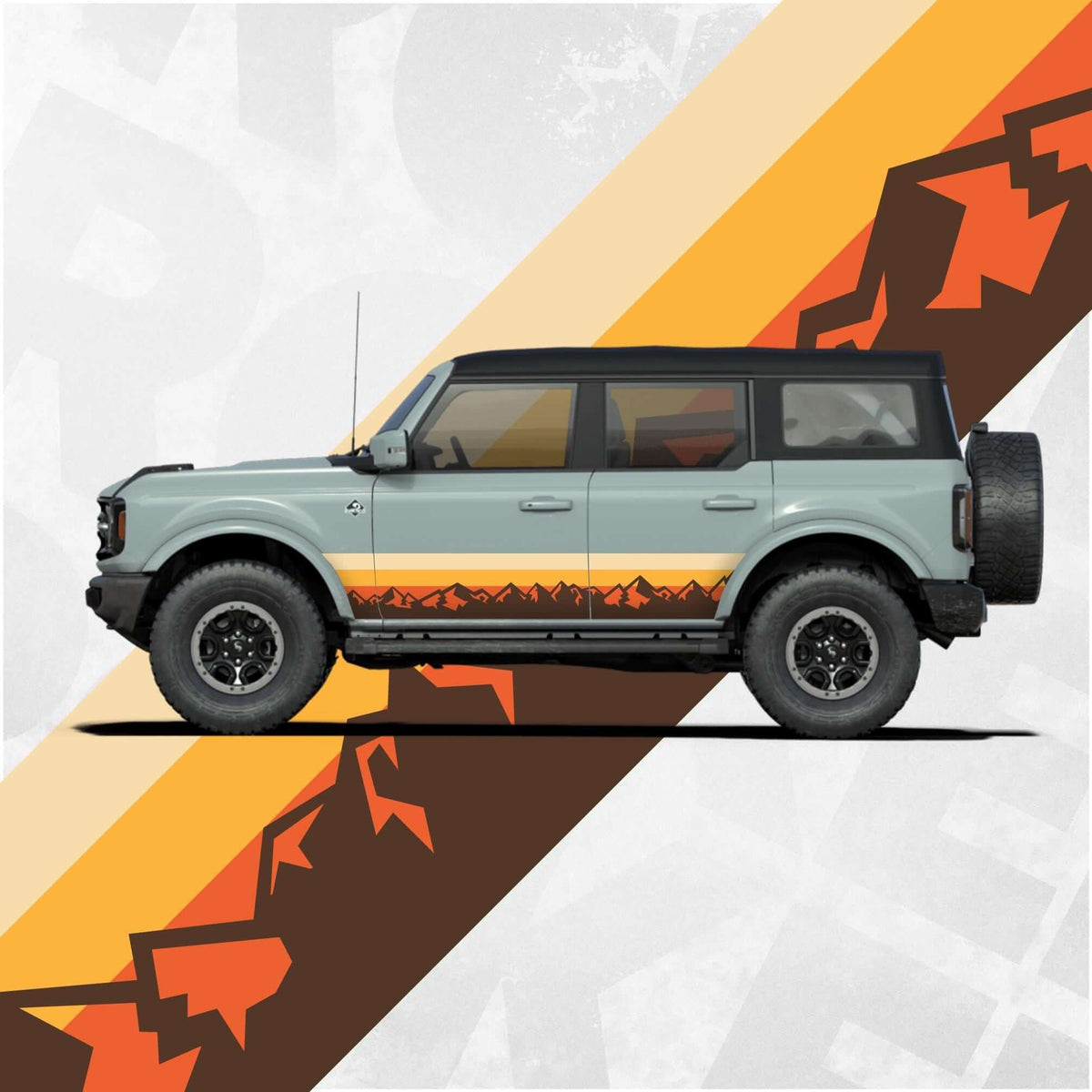 Ford Bronco Vintage Stripe Decal showcased on side panel with sunset colors and mountain graphics.