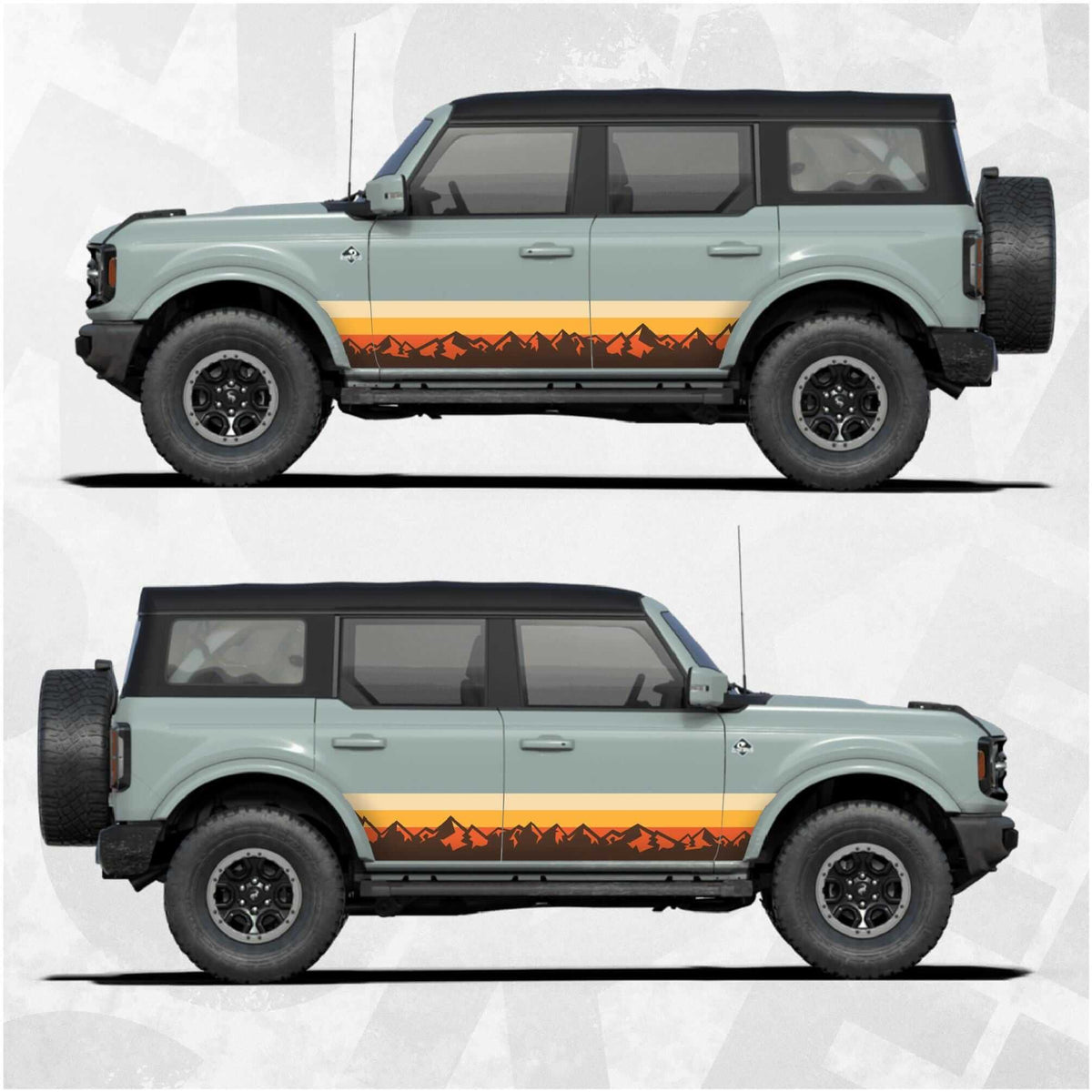 Ford Bronco Vintage Stripe Decal depicting sunset colors and mountain silhouette on a side panel view.