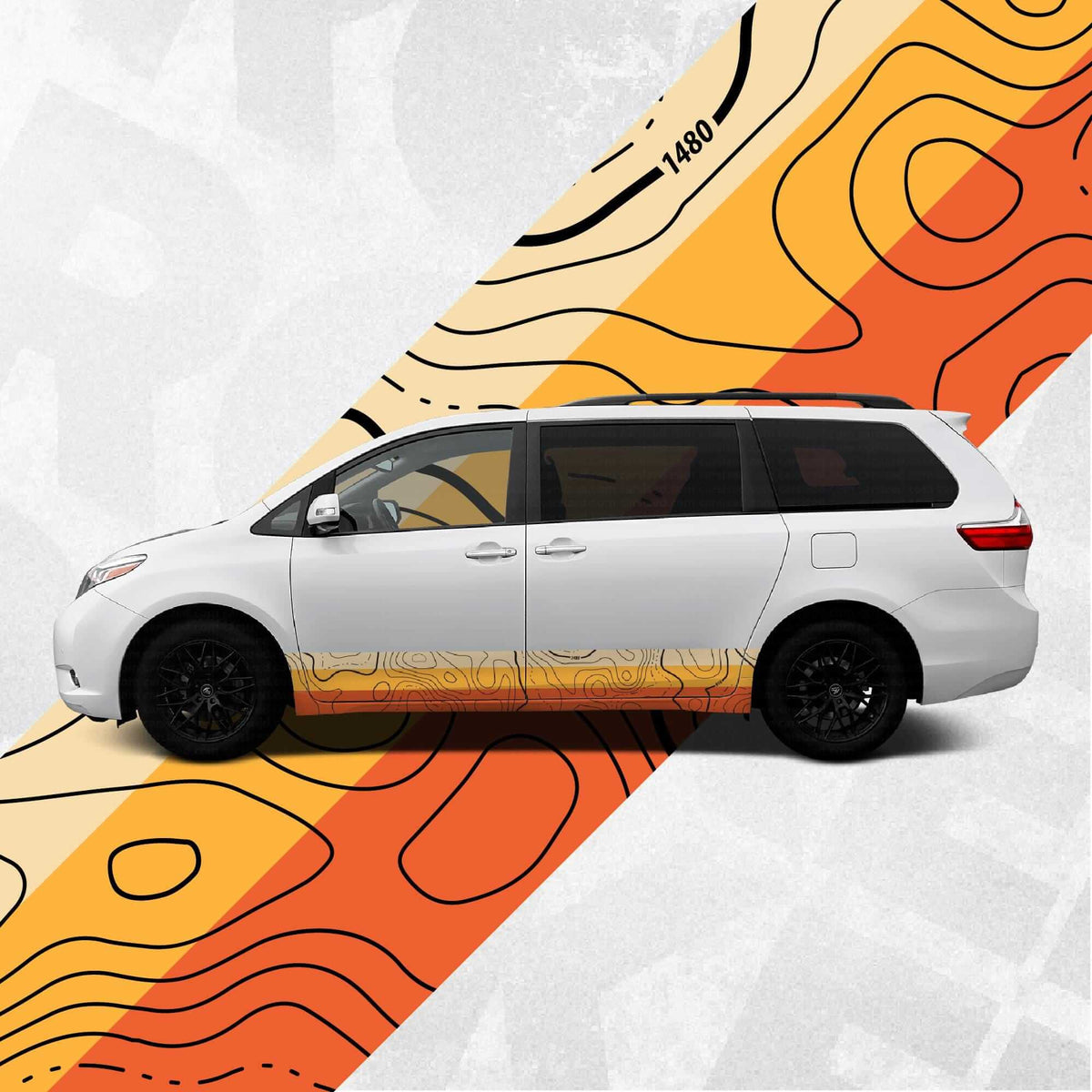 Toyota Sienna Sunset Topographic Side Stripe Decal on a white minivan with warm color tones