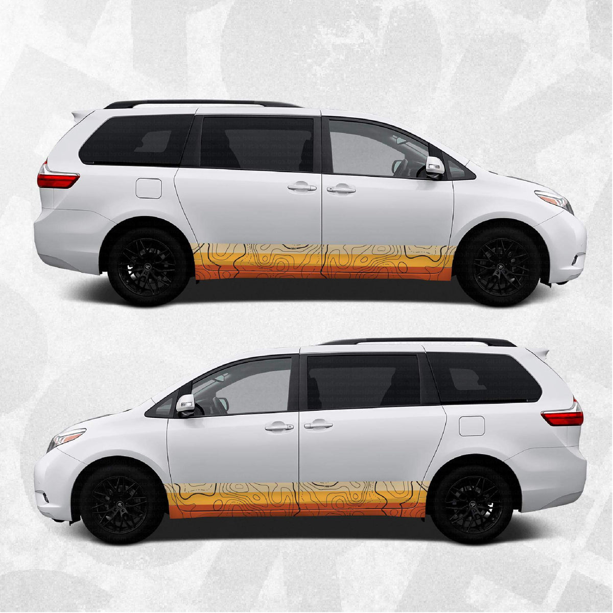 Toyota Sienna Sunset Topographic Side Stripe Decal on a white minivan with sunset colors