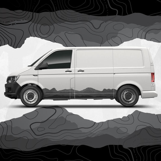 Volkswagen Transporter Van Side Stripe Decals – Topographic Map Mountain Graphics – VW T4 T5 T6 Vinyl Stickers Wrap Vinyl Set