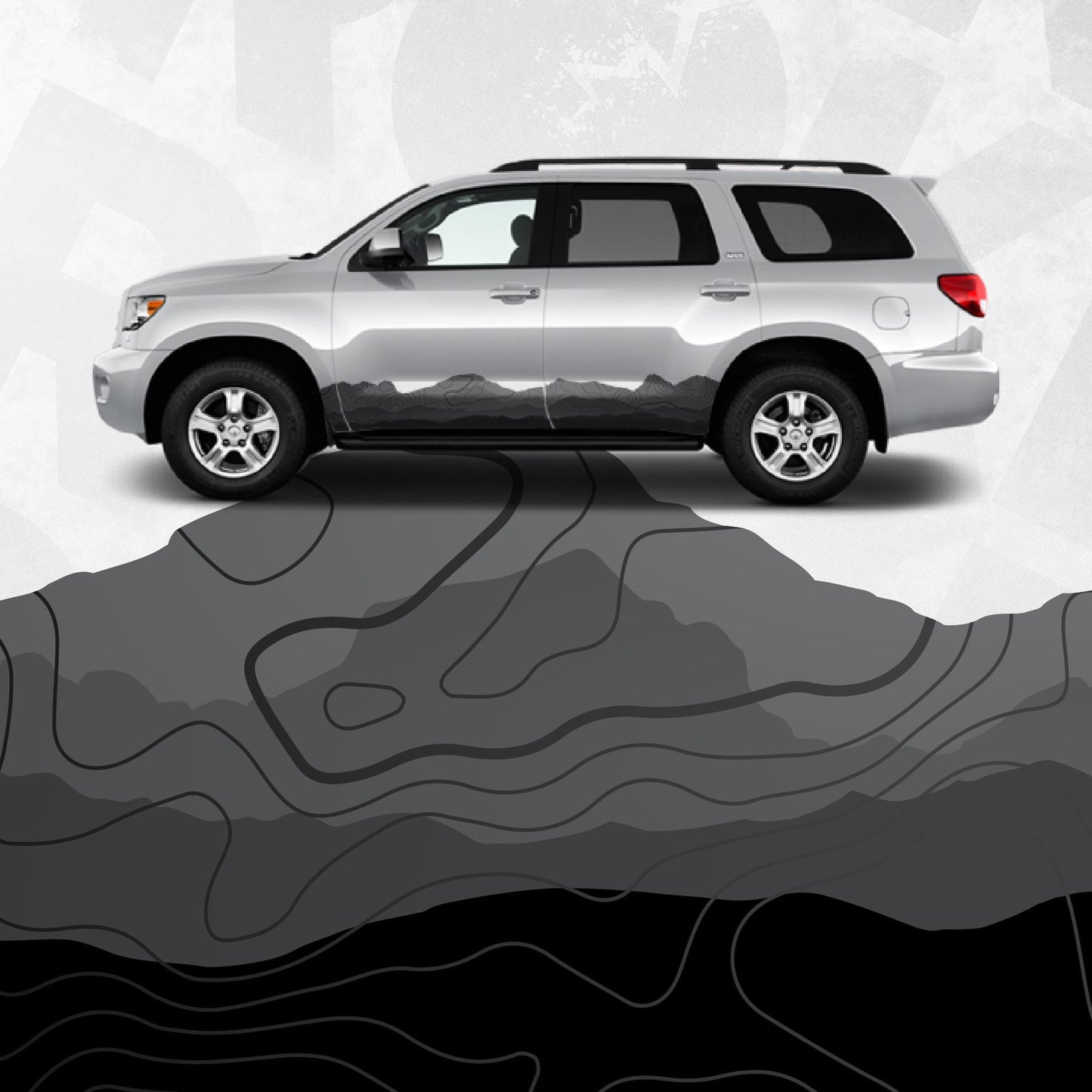 Topographic Map Pattern Side Decal - Fits Toyota Sequoia Side Stripe Wrap Kit