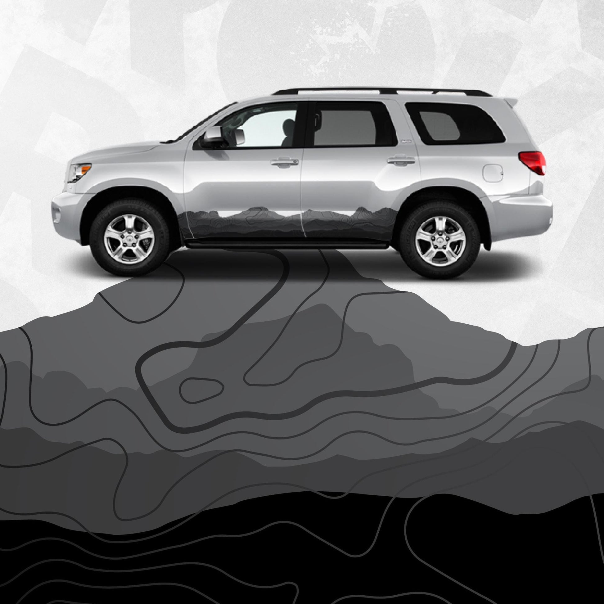 Topographic Map Pattern Side Decal - Fits Toyota Sequoia Side Stripe Wrap Kit
