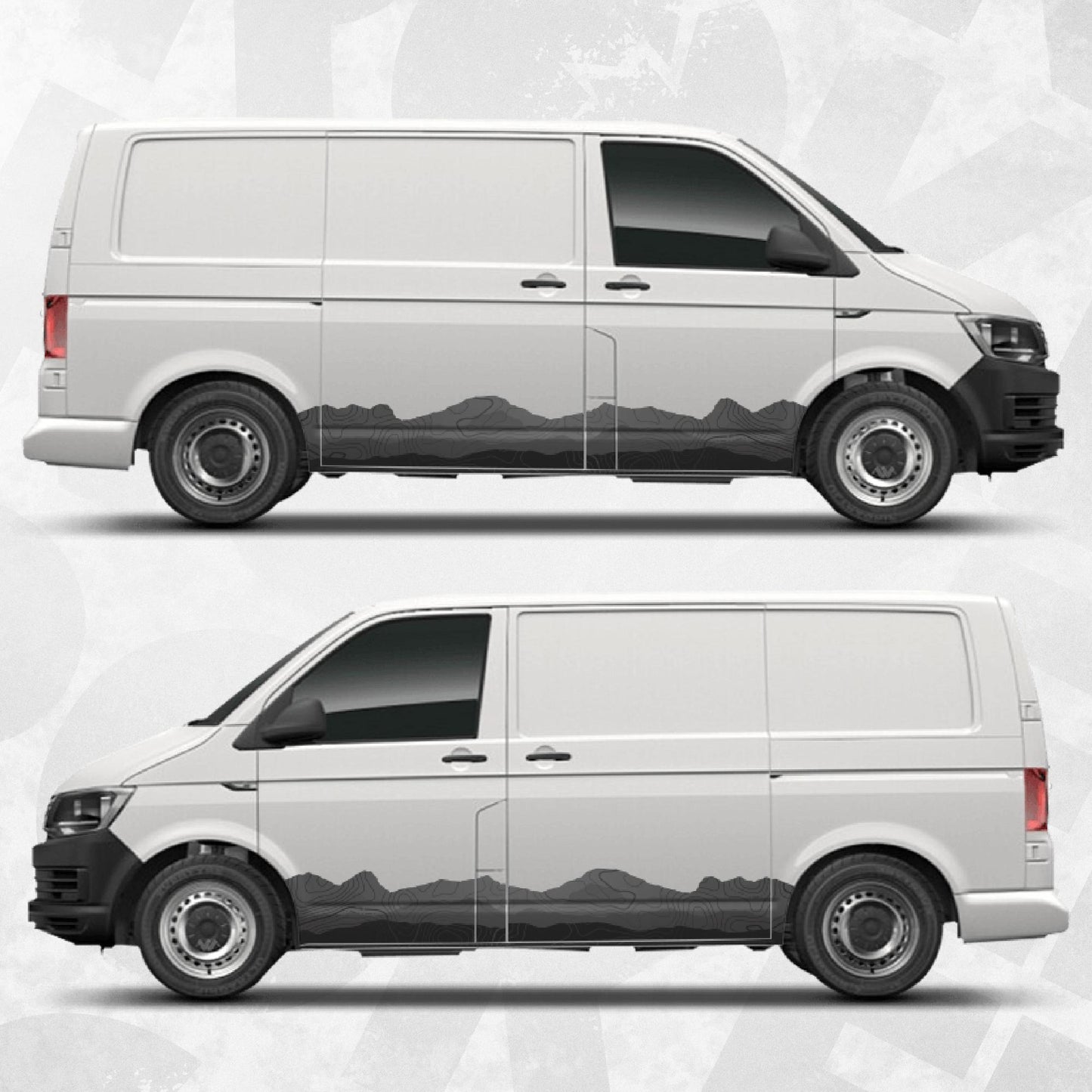 Volkswagen Transporter Van Side Stripe Decals – Topographic Map Mountain Graphics – VW T4 T5 T6 Vinyl Stickers Wrap Vinyl Set