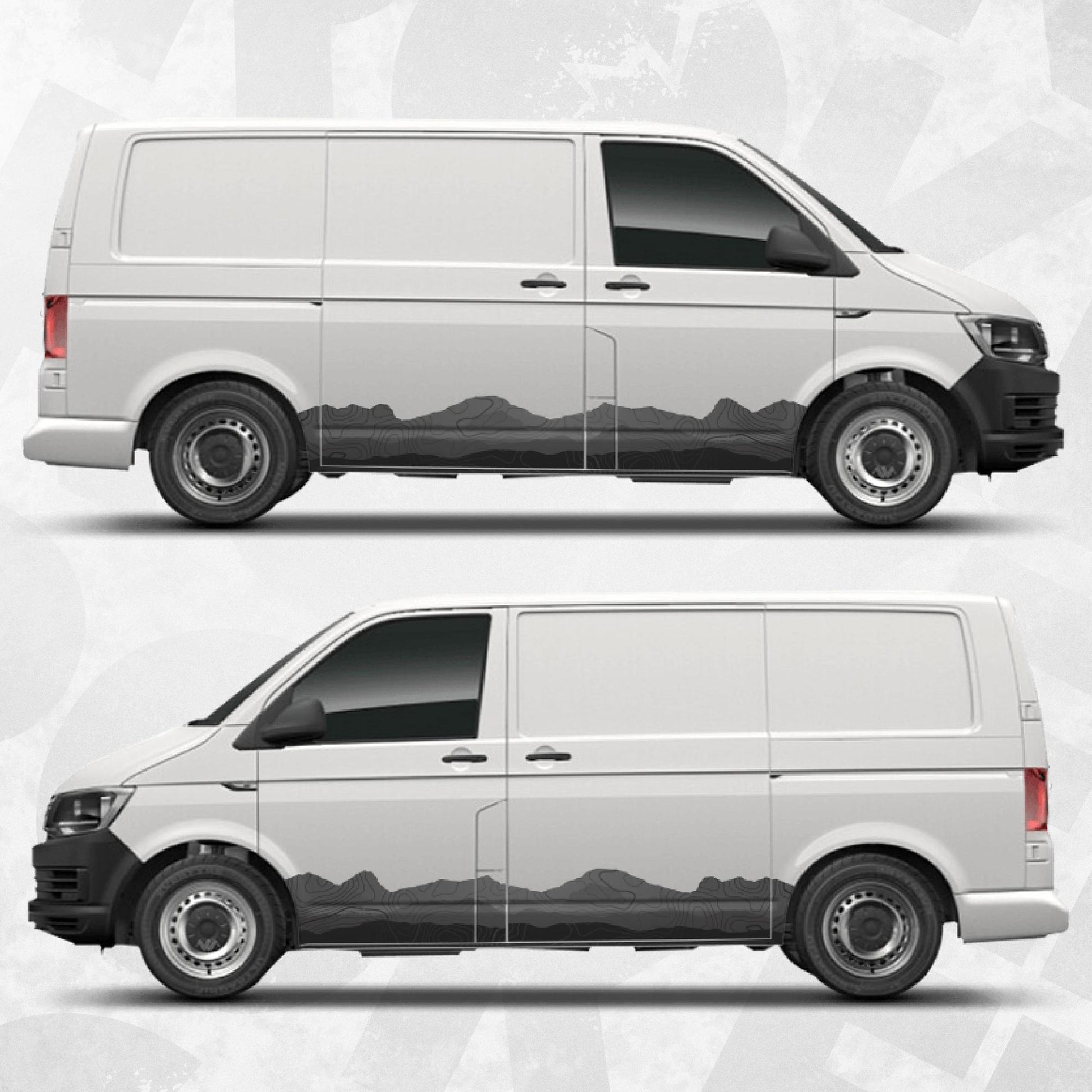 Volkswagen Transporter Van Side Stripe Decals – Topographic Map Mountain Graphics – VW T4 T5 T6 Vinyl Stickers Wrap Vinyl Set